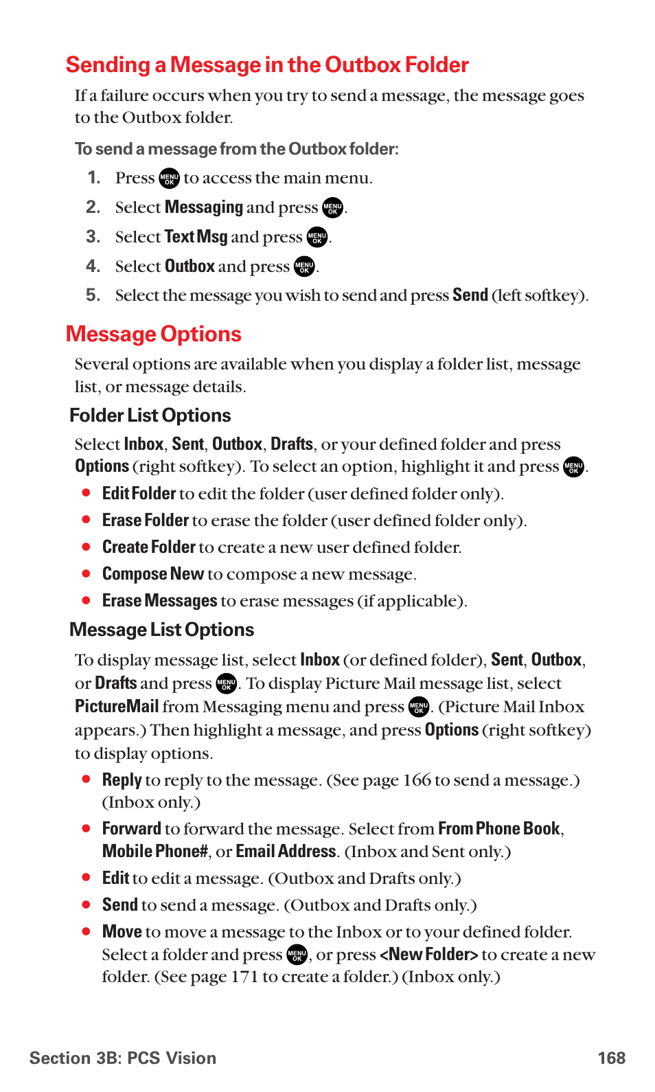 Sending a message in the outbox folder, Message options | Sanyo RL7300 User Manual | Page 179 / 252