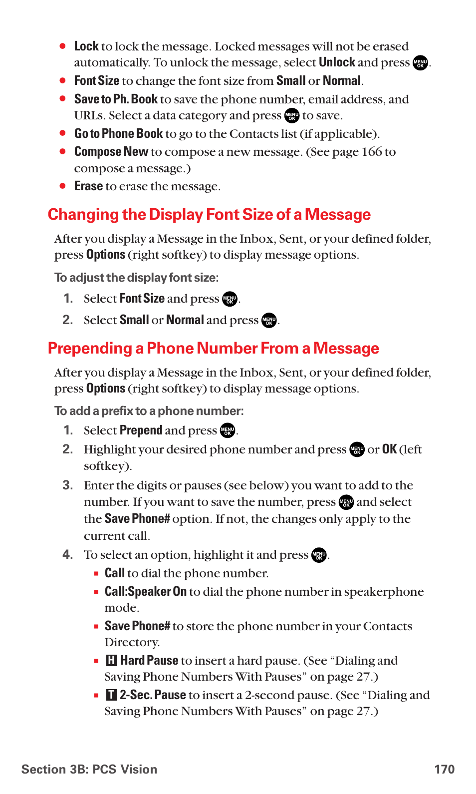 Changing the display font size of a message, Prepending a phone number from a message | Sanyo RL7300 User Manual | Page 181 / 252