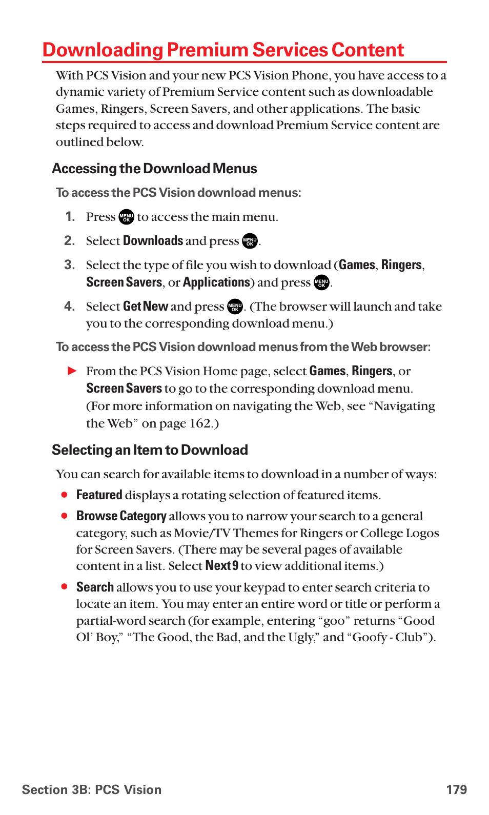 Downloading premium services content | Sanyo RL7300 User Manual | Page 190 / 252
