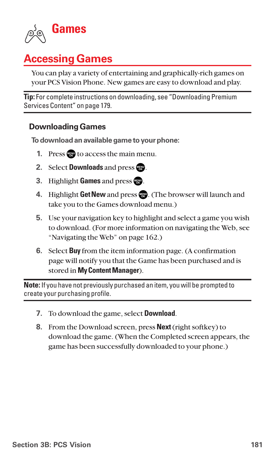 Accessing games, Games | Sanyo RL7300 User Manual | Page 192 / 252