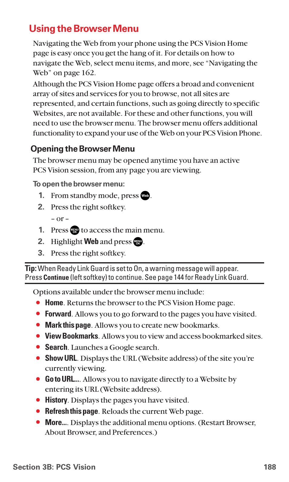 Using the browser menu, Opening the browser menu | Sanyo RL7300 User Manual | Page 199 / 252