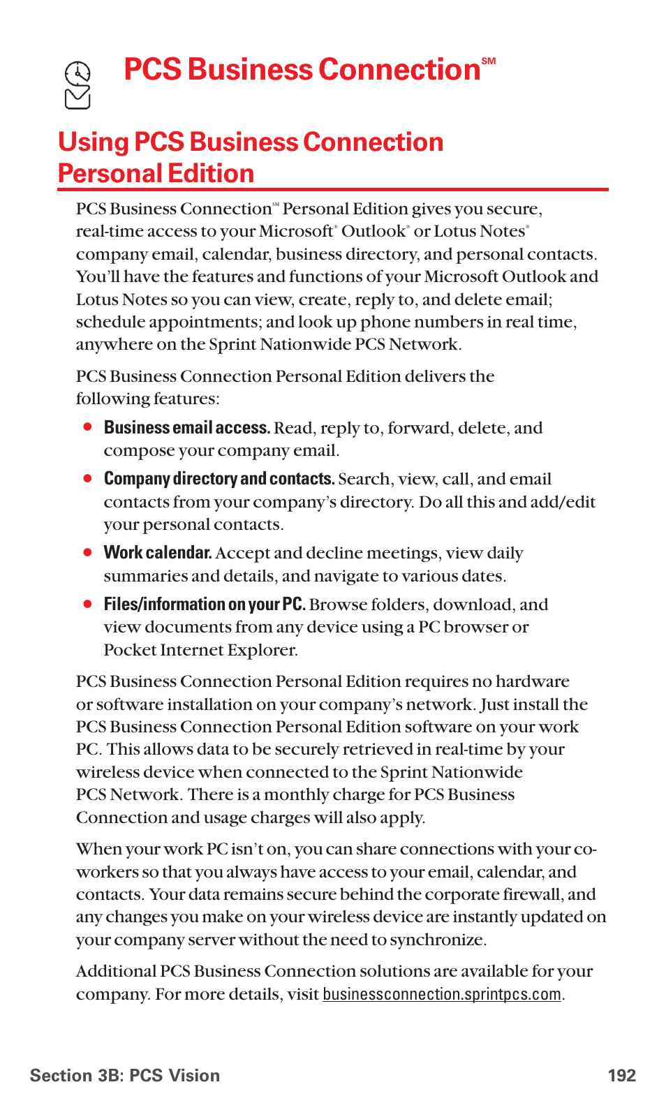 Using pcs business connection personal edition, Pcs business connection, Outlook | Sanyo RL7300 User Manual | Page 203 / 252