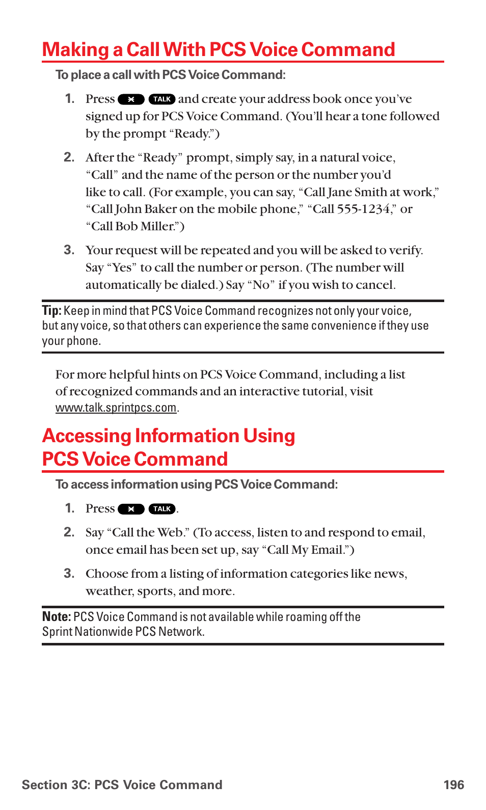 Making a call with pcs voice command, Accessing information using pcs voice command | Sanyo RL7300 User Manual | Page 207 / 252