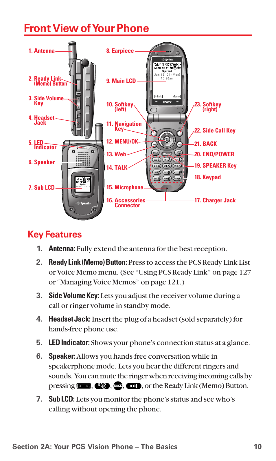 Front view of your phone, Key features | Sanyo RL7300 User Manual | Page 21 / 252