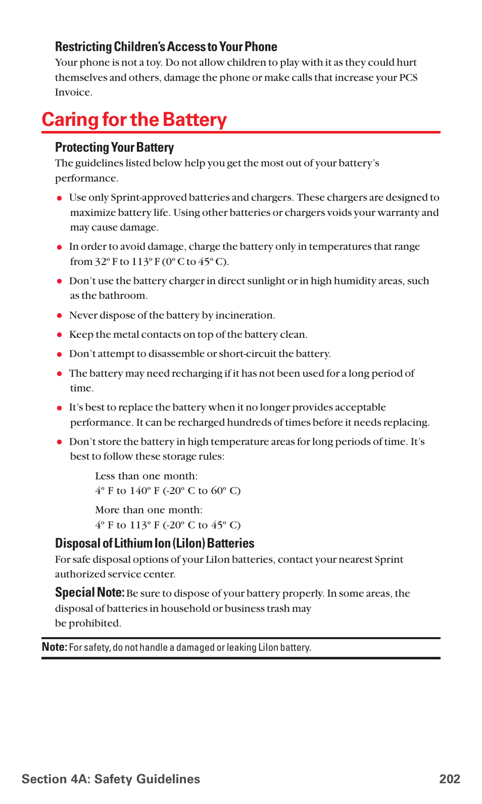 Caring for the battery, Restricting children’s access to your phone, Protecting your battery | Disposal of lithium ion (liion) batteries | Sanyo RL7300 User Manual | Page 213 / 252