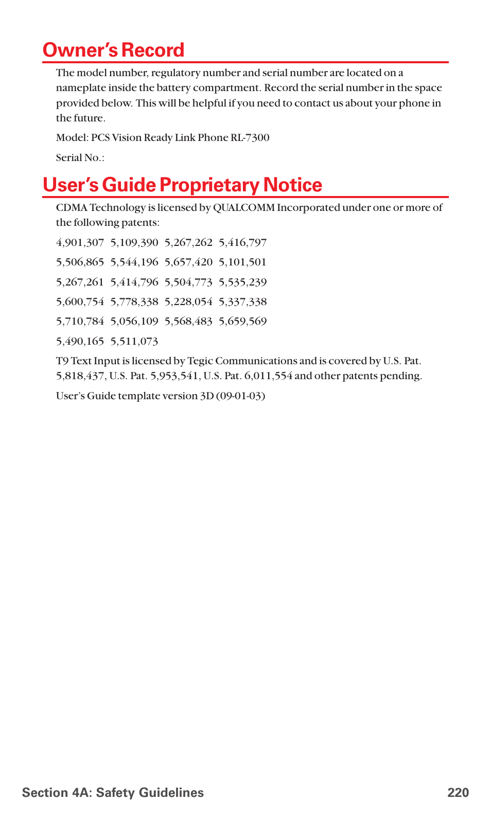 Owner’s record, User’s guide proprietary notice | Sanyo RL7300 User Manual | Page 231 / 252