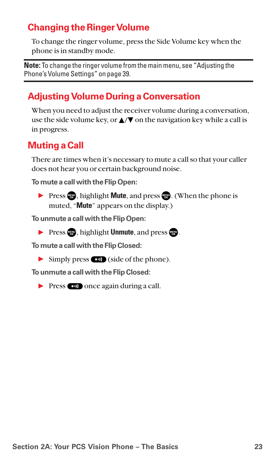 Changing the ringer volume, Adjusting volume during a conversation, Muting a call | Sanyo RL7300 User Manual | Page 34 / 252