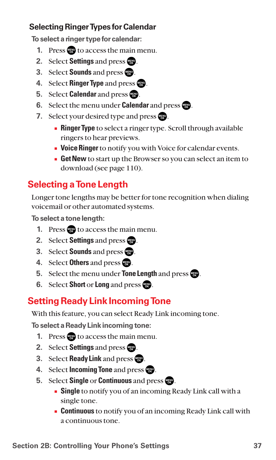 Selecting a tone length, Setting ready link incoming tone | Sanyo RL7300 User Manual | Page 48 / 252