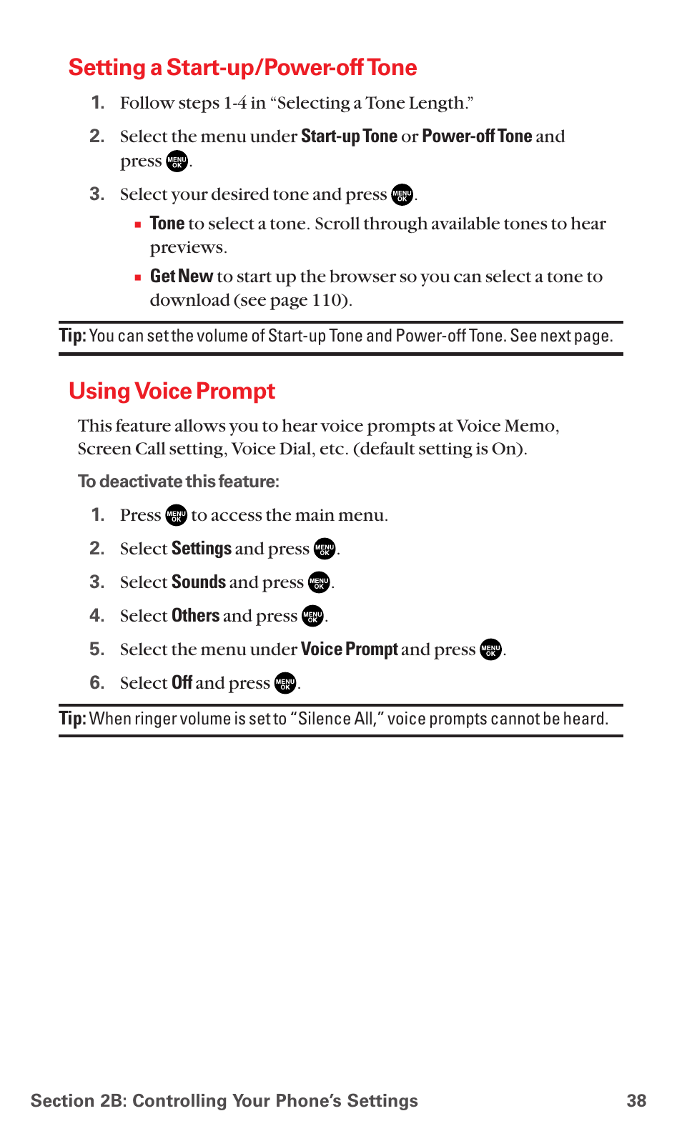 Setting a start-up/power-off tone, Using voice prompt | Sanyo RL7300 User Manual | Page 49 / 252