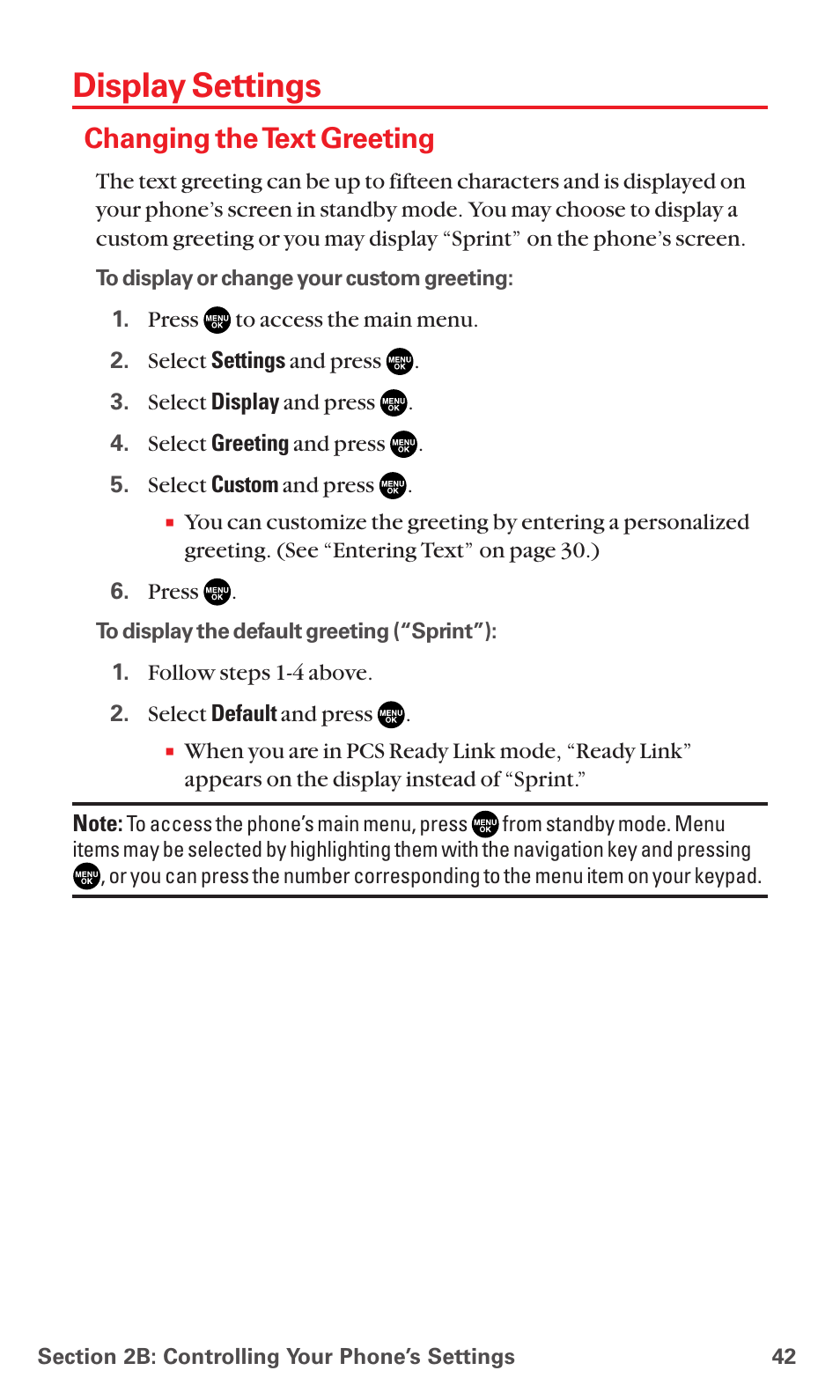 Display settings, Changing the text greeting | Sanyo RL7300 User Manual | Page 53 / 252