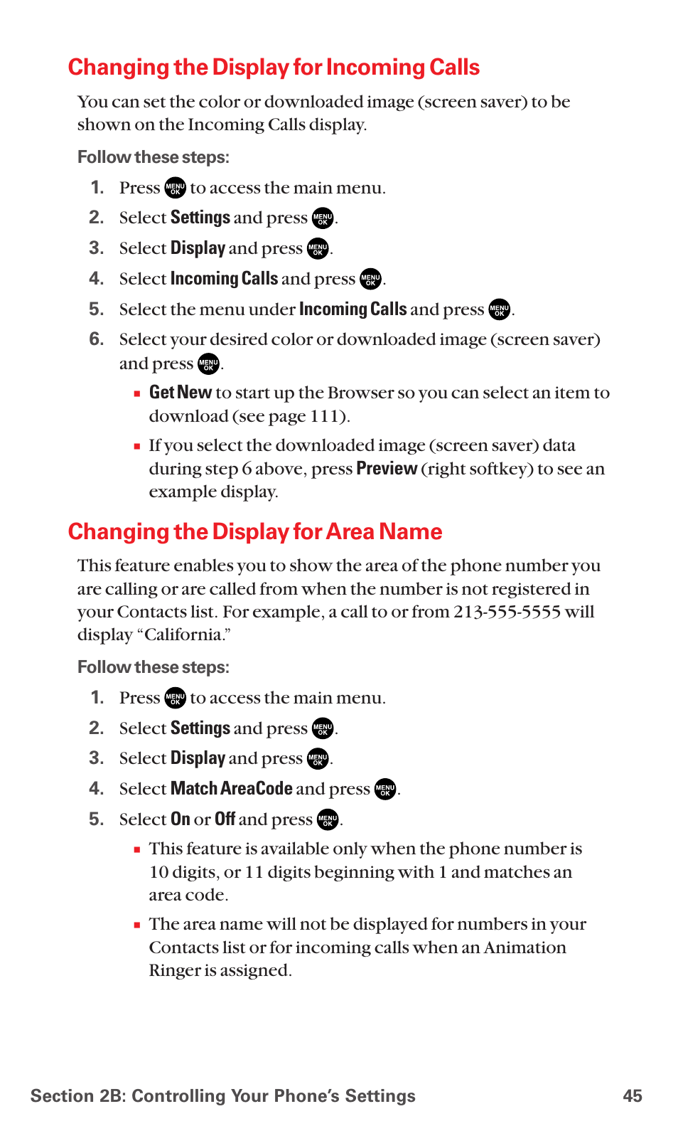Changing the display for incoming calls, Changing the display for area name | Sanyo RL7300 User Manual | Page 56 / 252