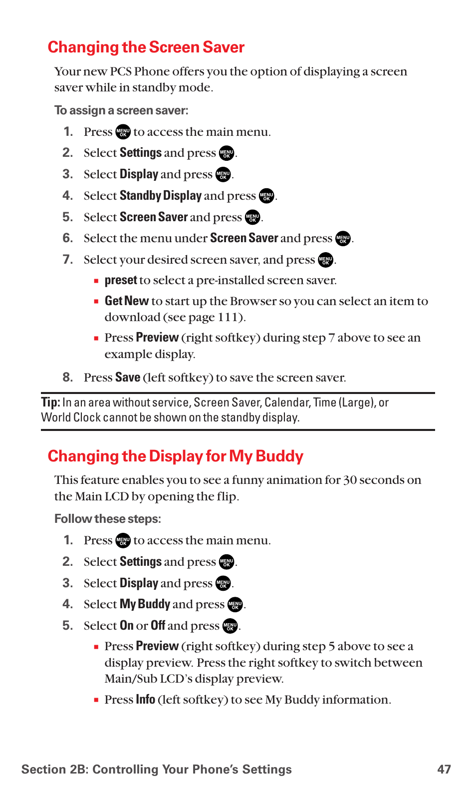 Changing the screen saver, Changing the display for my buddy | Sanyo RL7300 User Manual | Page 58 / 252