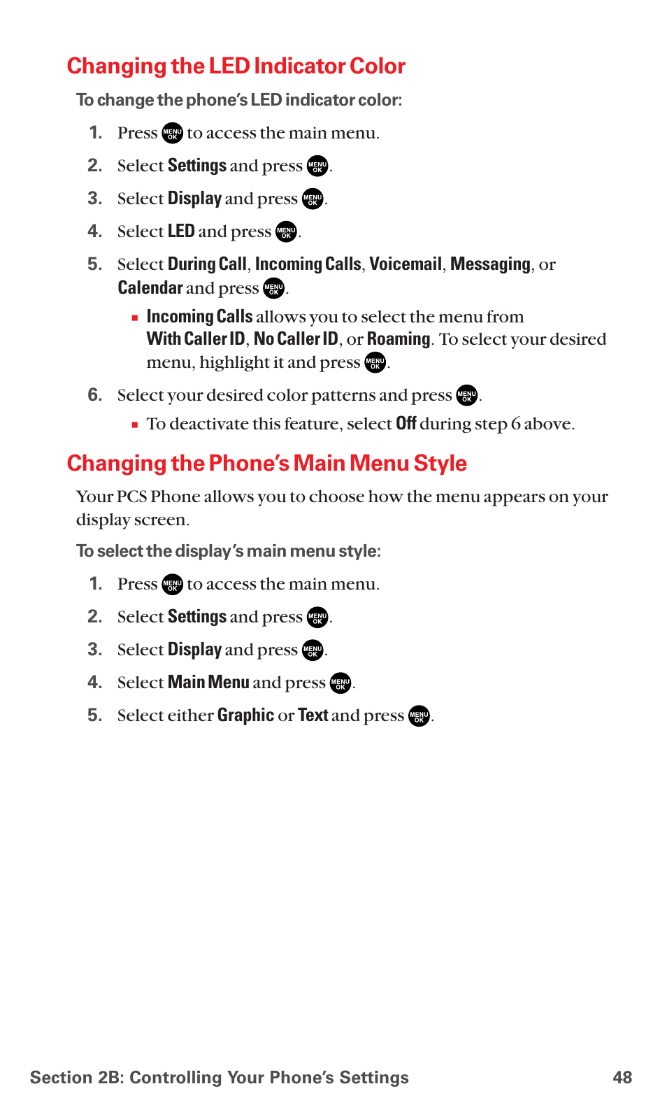 Changing the led indicator color, Changing the phone’s main menu style | Sanyo RL7300 User Manual | Page 59 / 252