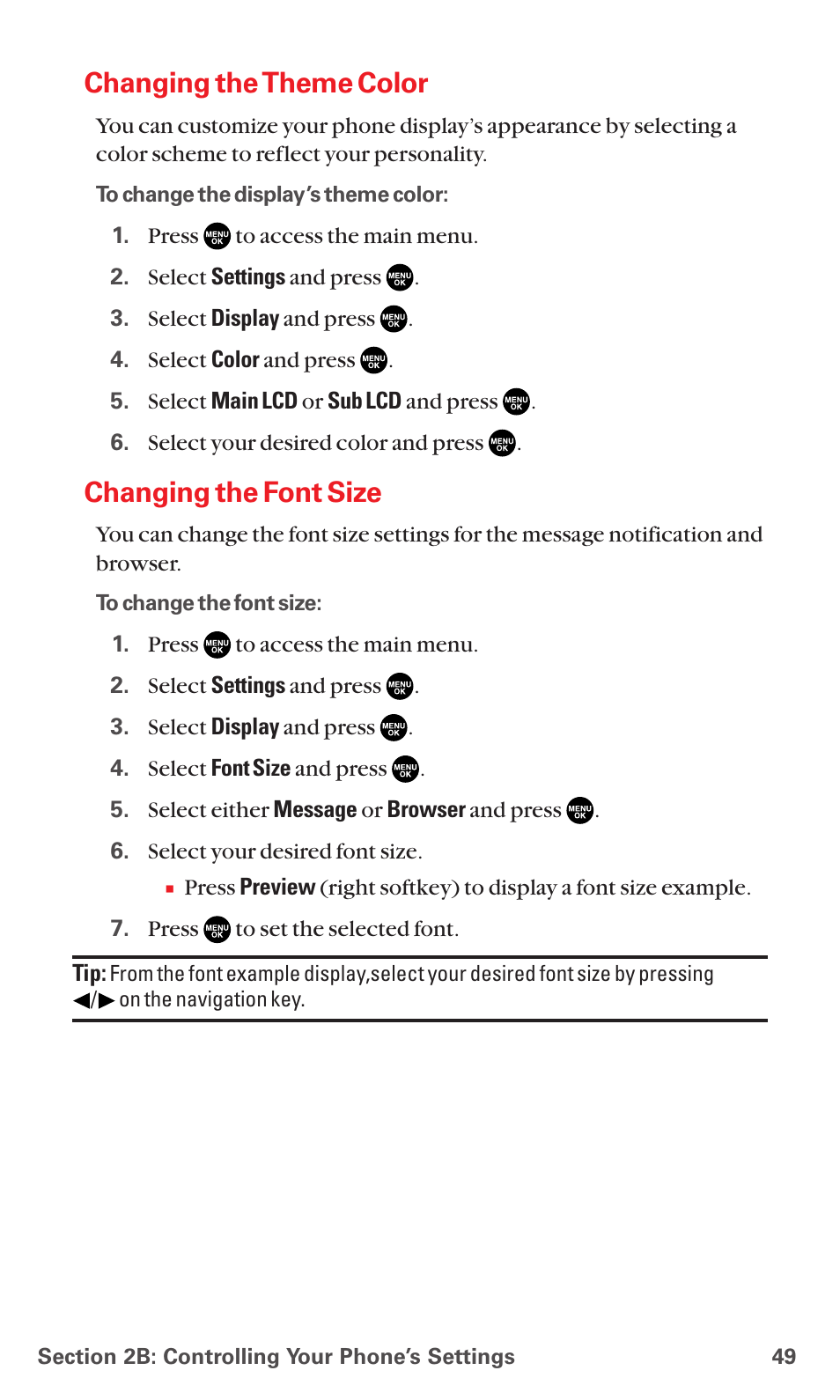 Changing the theme color, Changing the font size | Sanyo RL7300 User Manual | Page 60 / 252