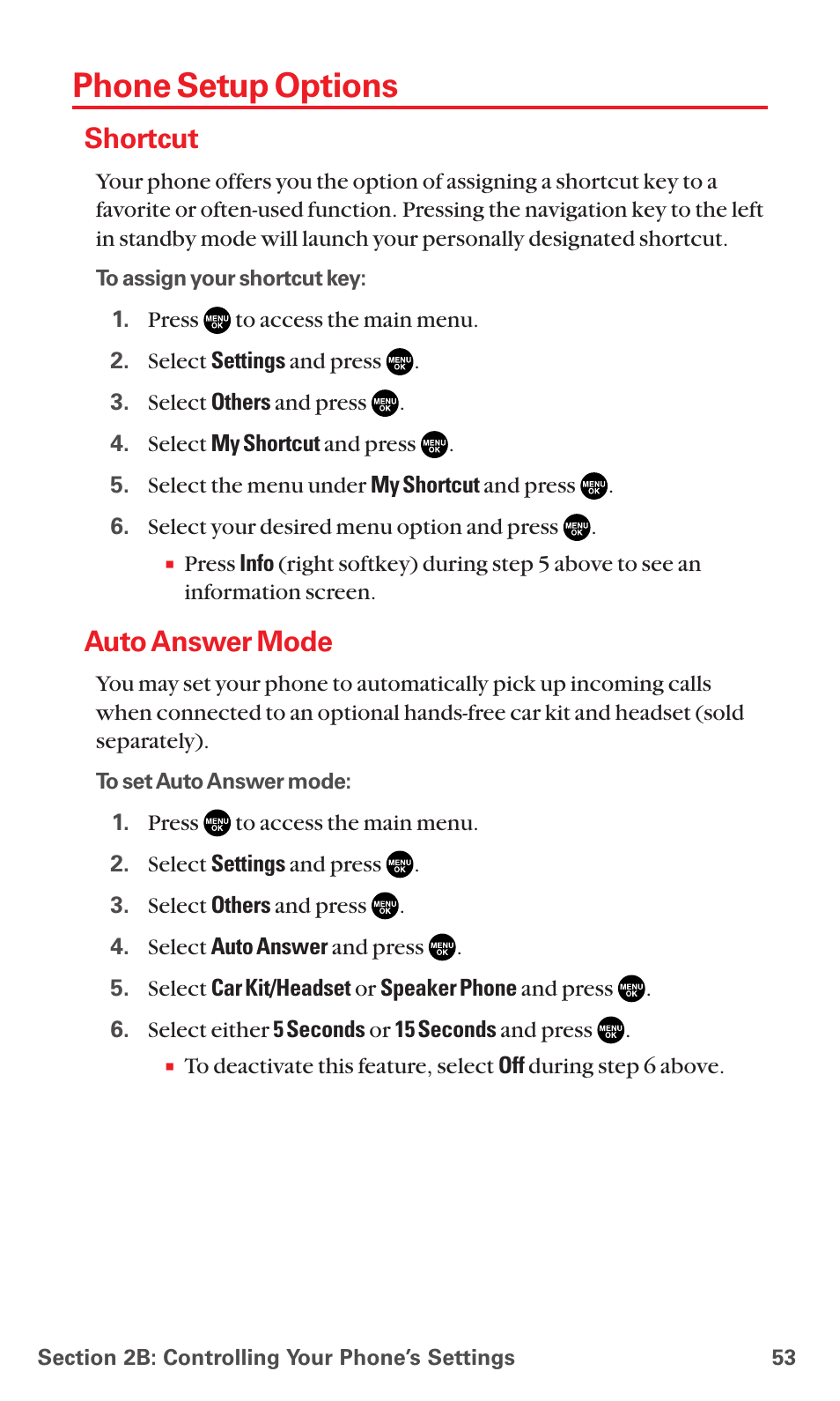 Phone setup options, Shortcut, Auto answer mode | Sanyo RL7300 User Manual | Page 64 / 252