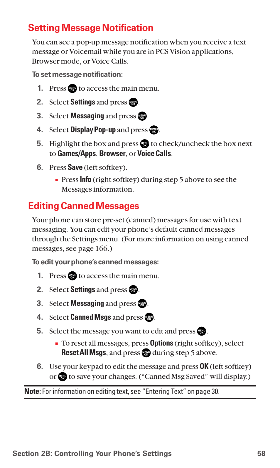 Setting message notification, Editing canned messages | Sanyo RL7300 User Manual | Page 69 / 252