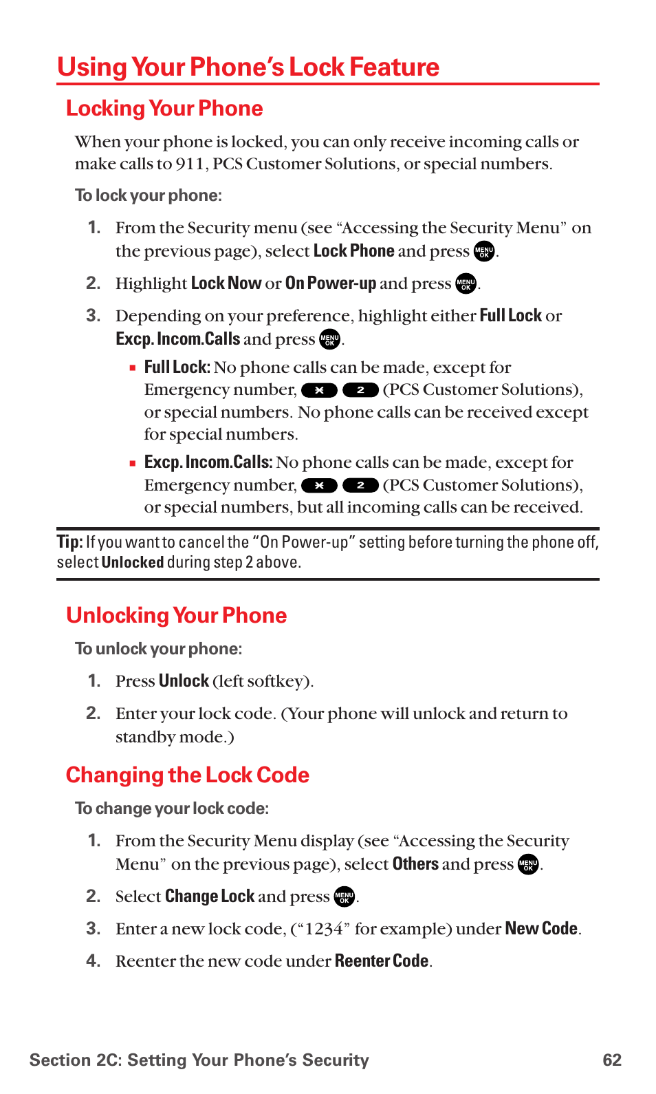 Using your phone’s lock feature, Locking your phone, Unlocking your phone | Changing the lock code | Sanyo RL7300 User Manual | Page 73 / 252