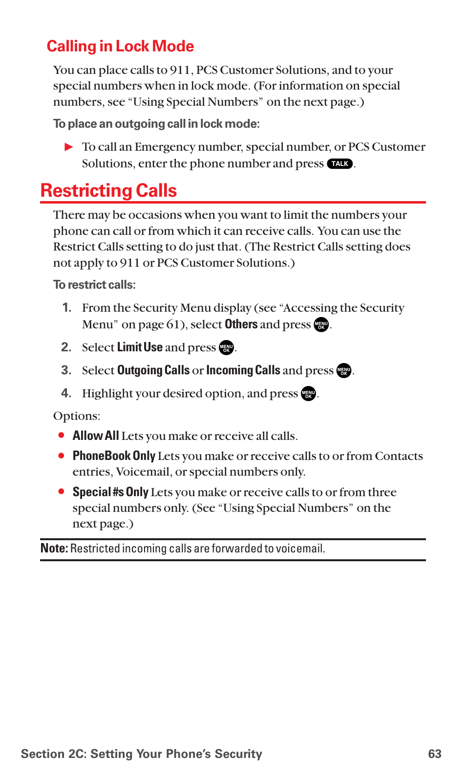 Calling in lock mode, Restricting calls | Sanyo RL7300 User Manual | Page 74 / 252