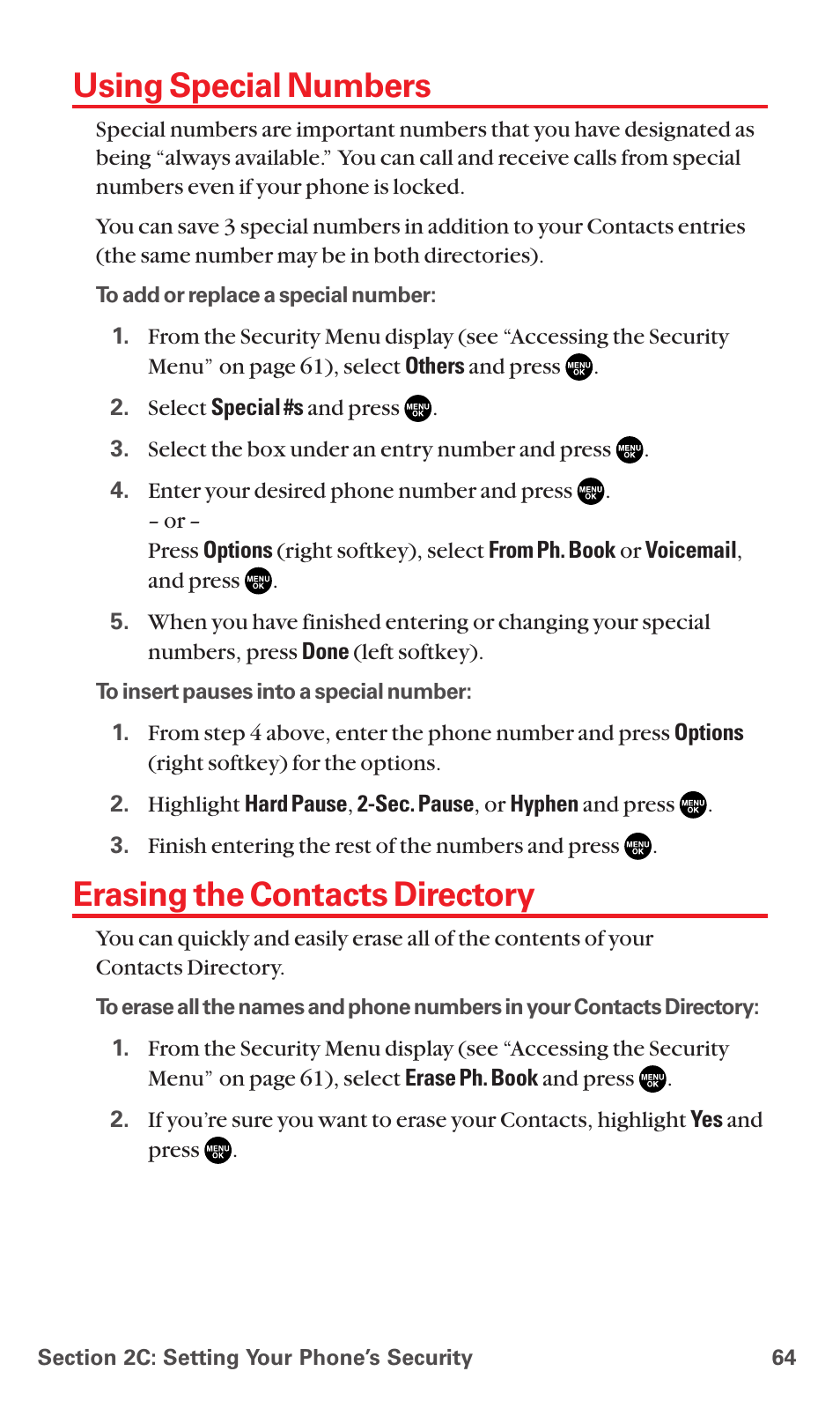 Using special numbers, Erasing the contacts directory | Sanyo RL7300 User Manual | Page 75 / 252