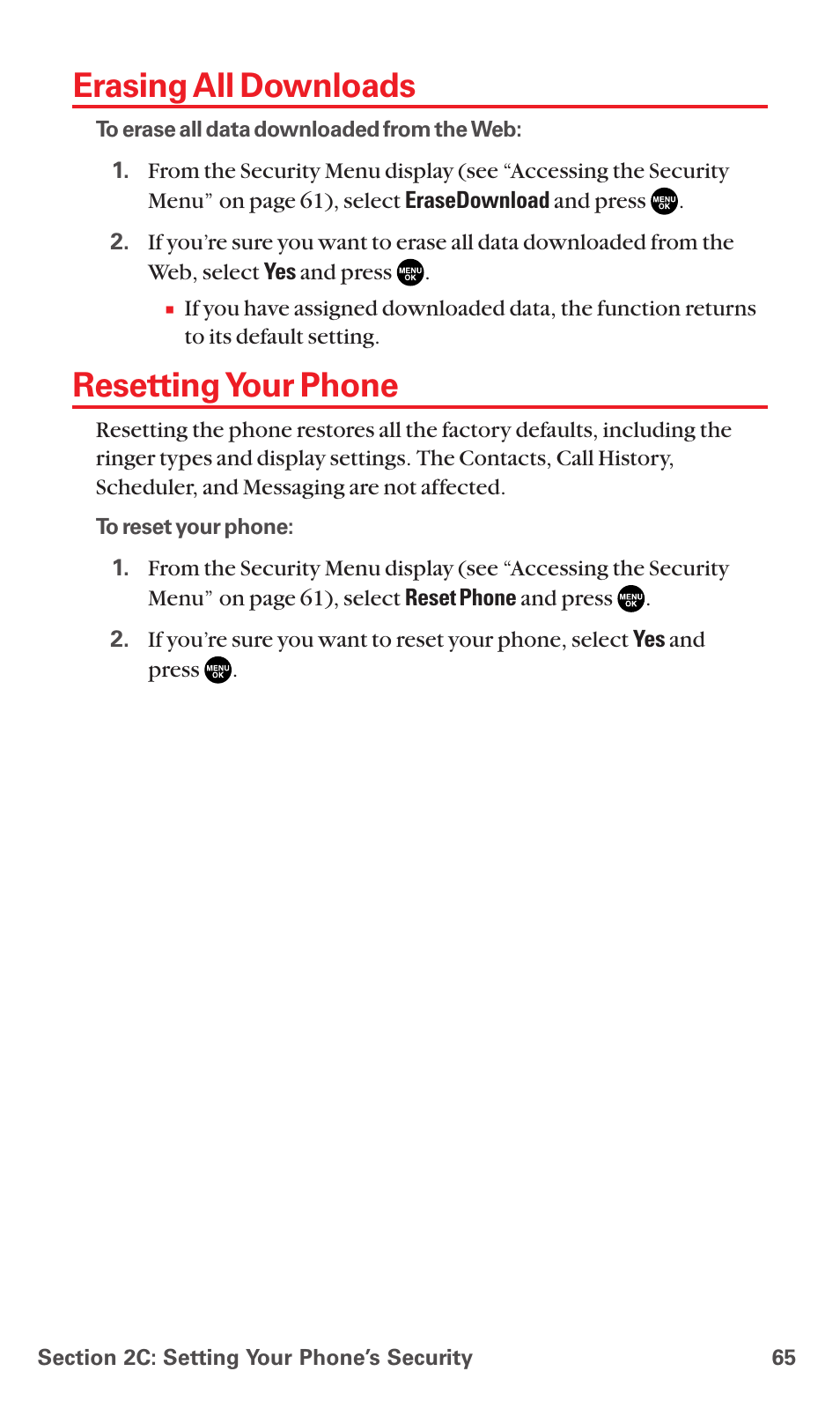 Erasing all downloads, Resetting your phone | Sanyo RL7300 User Manual | Page 76 / 252