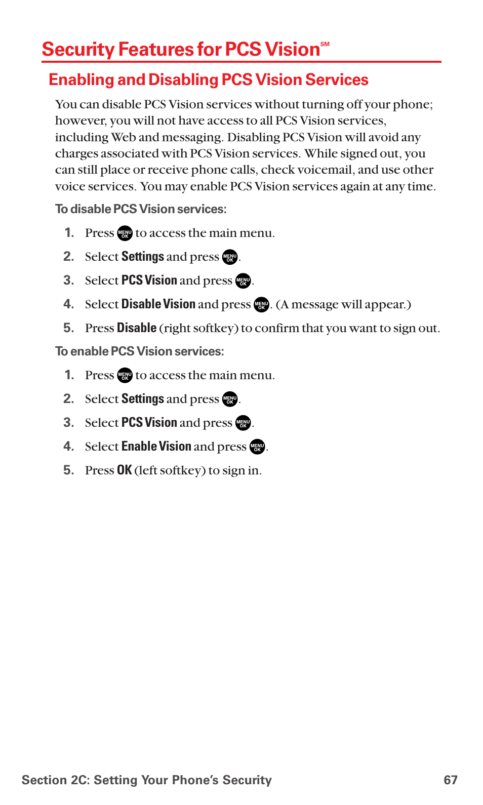 Security features for pcs vision, Enabling and disabling pcs vision services | Sanyo RL7300 User Manual | Page 78 / 252