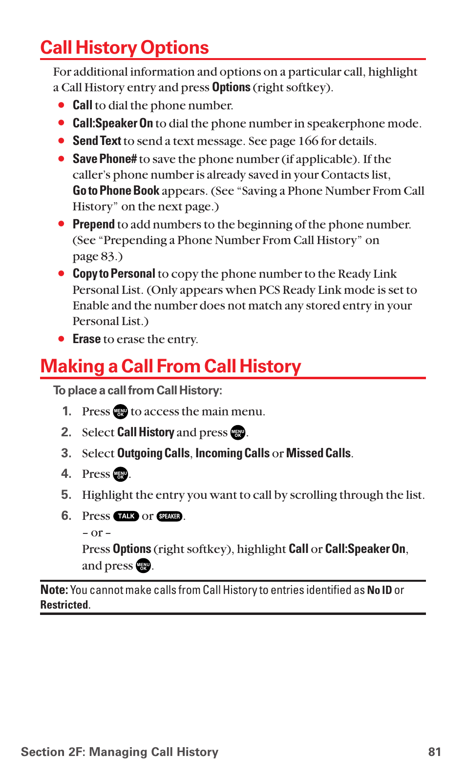 Call history options, Making a call from call history | Sanyo RL7300 User Manual | Page 92 / 252