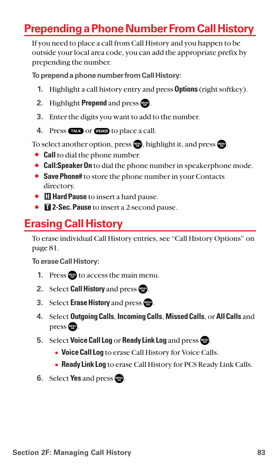 Prepending a phone number from call history, Erasing call history | Sanyo RL7300 User Manual | Page 94 / 252