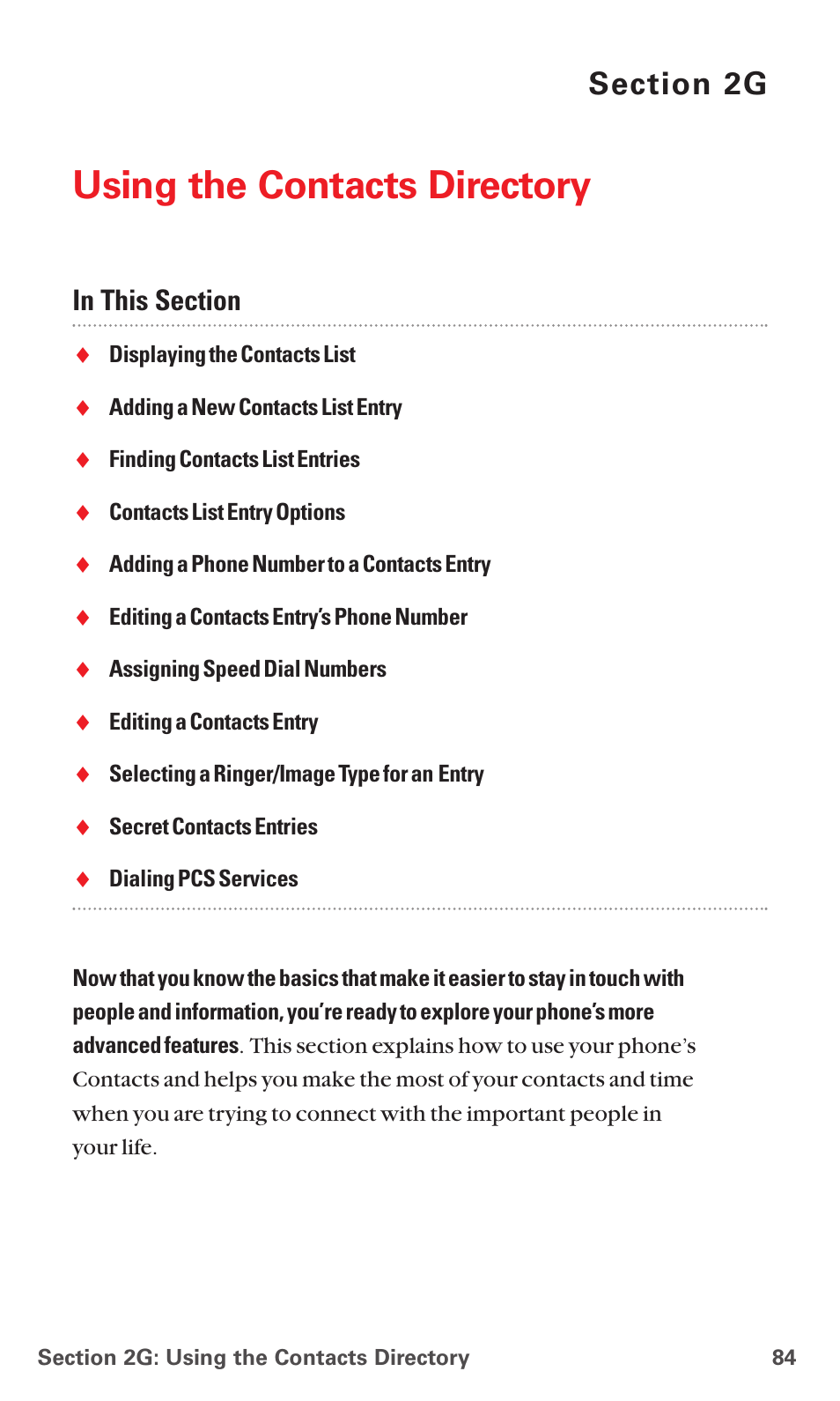 2g. using the contacts directory, Section 2g), See section 2g | Using the contacts directory | Sanyo RL7300 User Manual | Page 95 / 252