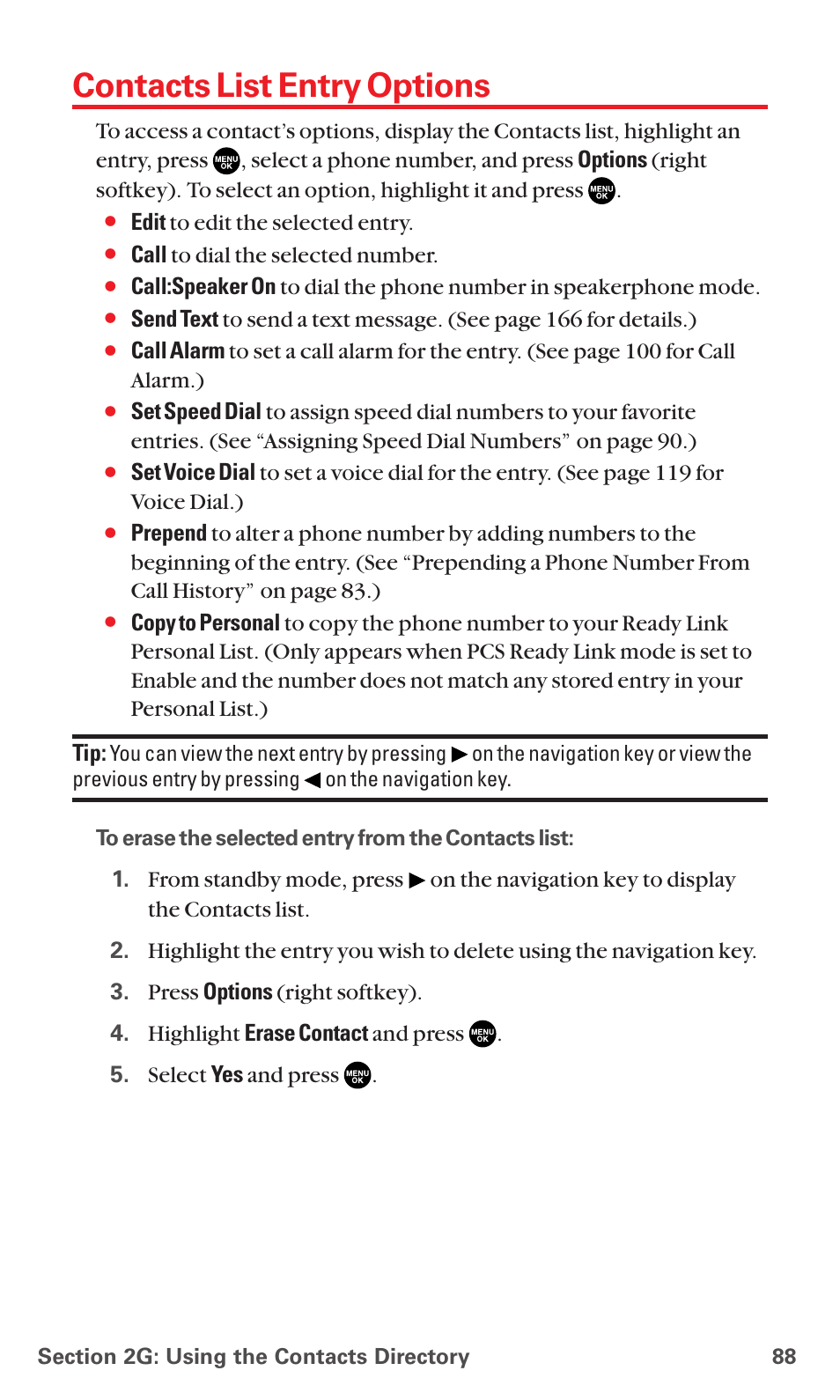 Contacts list entry options | Sanyo RL7300 User Manual | Page 99 / 252