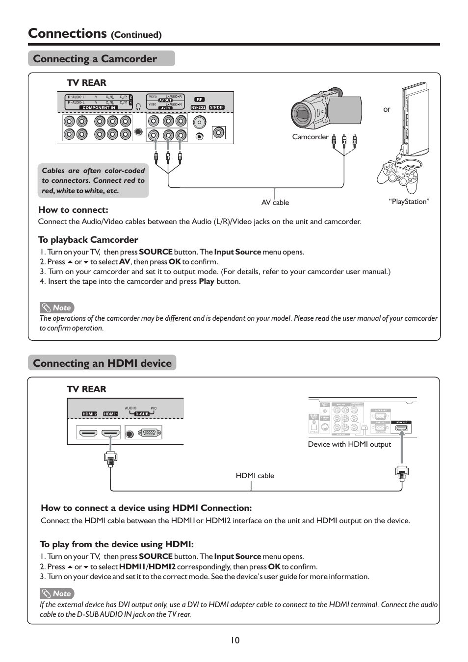 页面 12, Connections, Connecting a camcorder | Connecting an hdmi device | Sanyo LCD-47XR8DA User Manual | Page 12 / 37