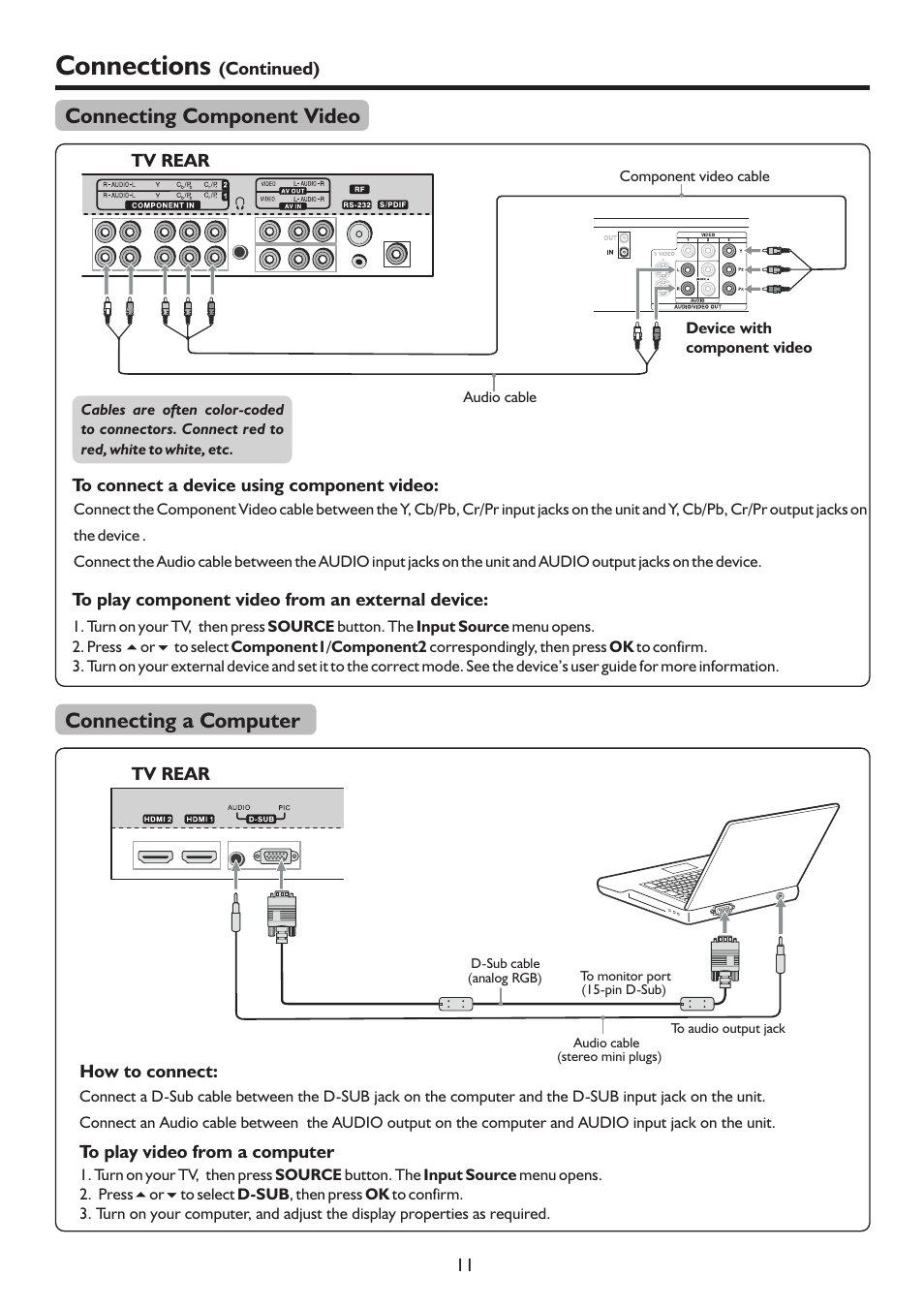 页面 13, Connections, Connecting component video | Connecting a computer | Sanyo LCD-47XR8DA User Manual | Page 13 / 37