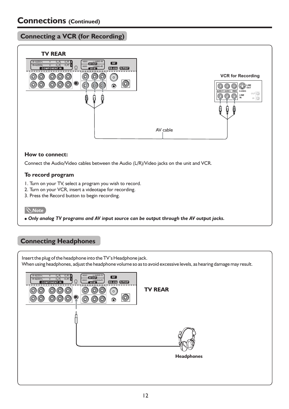 页面 14, Connections, Connecting a vcr (for recording) | Connecting headphones | Sanyo LCD-47XR8DA User Manual | Page 14 / 37