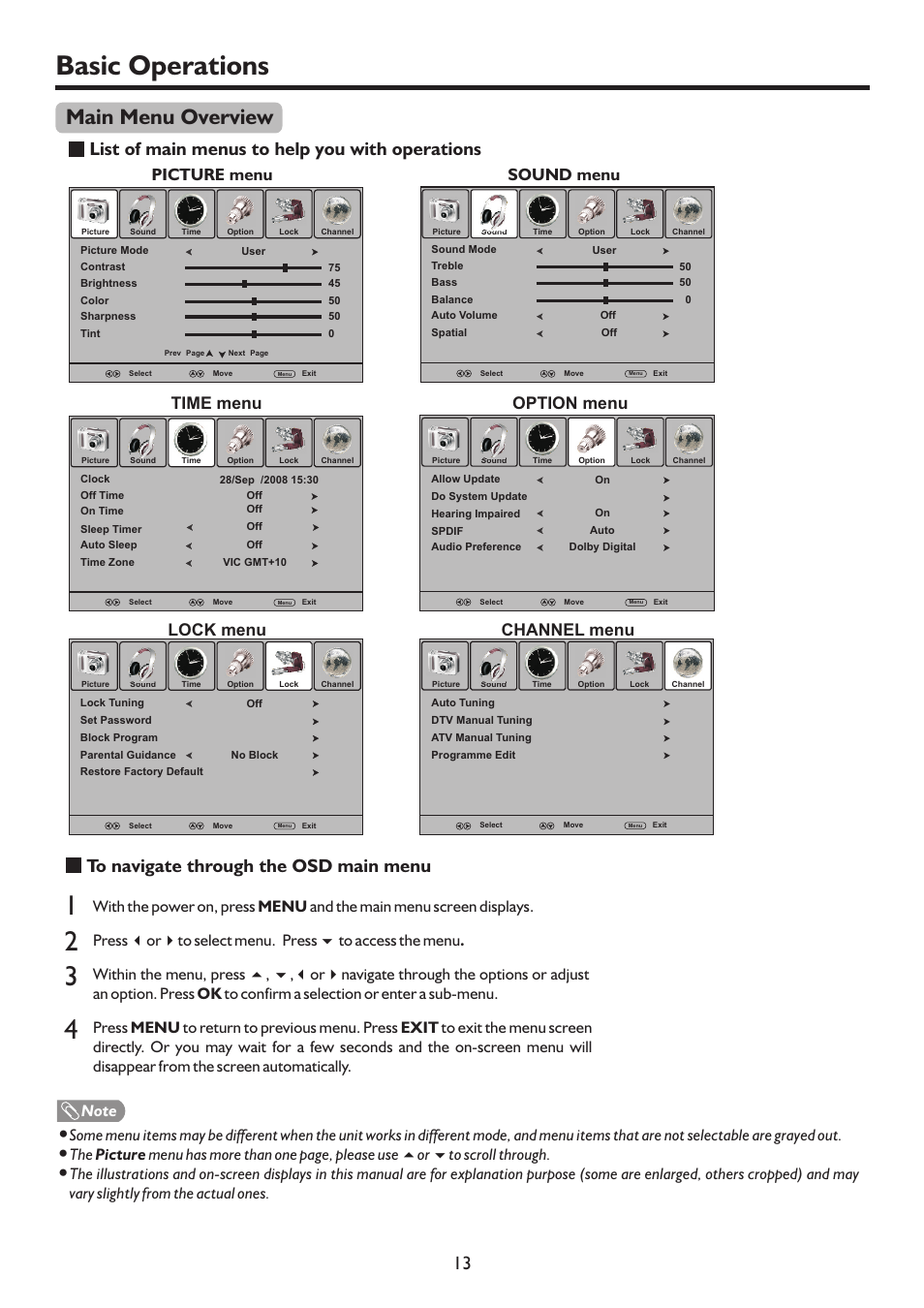 页面 15, Basic operations, Main menu overview | List of main menus to help you with operations, Picture menu sound menu time menu, Option menu lock menu channel menu | Sanyo LCD-47XR8DA User Manual | Page 15 / 37