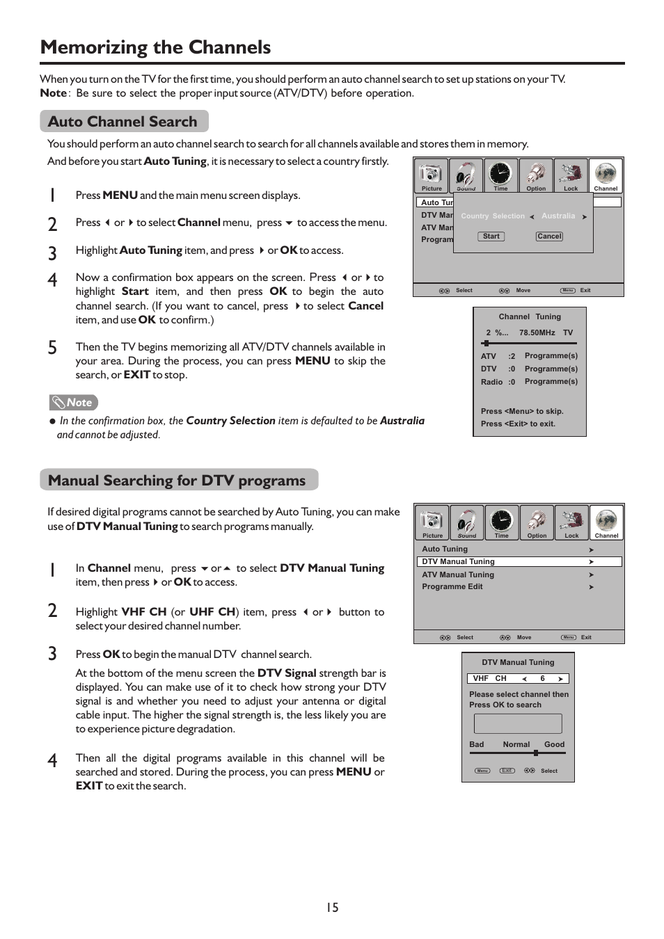 页面 17, Auto channel search, Manual searching for dtv programs | Sanyo LCD-47XR8DA User Manual | Page 17 / 37
