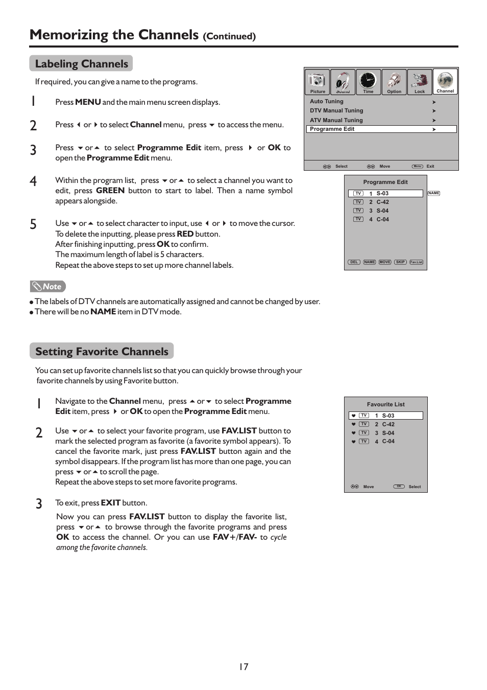 页面 19, Labeling channels, Setting favorite channels | Continued) | Sanyo LCD-47XR8DA User Manual | Page 19 / 37