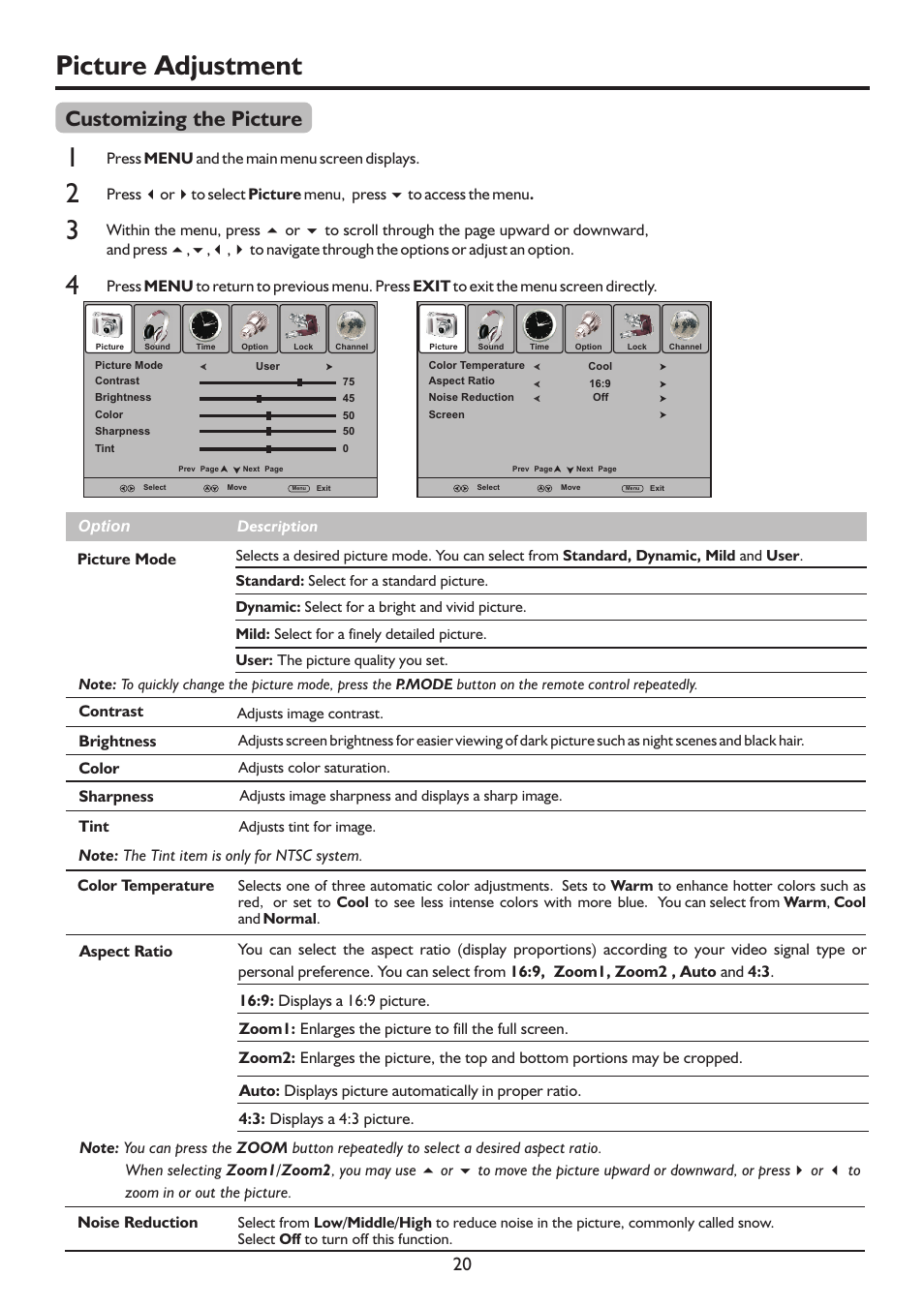 页面 22, Picture adjustment, Customizing the picture | Sanyo LCD-47XR8DA User Manual | Page 22 / 37