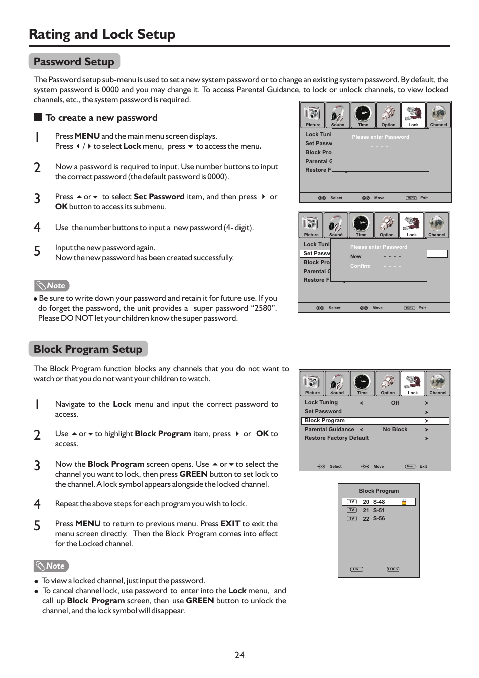 页面 26, Rating and lock setup, Block program setup | Password setup | Sanyo LCD-47XR8DA User Manual | Page 26 / 37