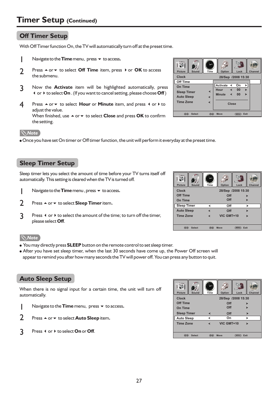 页面 29, 4timer setup, Off timer setup | Sleep timer setup, Auto sleep setup, Continued) 27 | Sanyo LCD-47XR8DA User Manual | Page 29 / 37