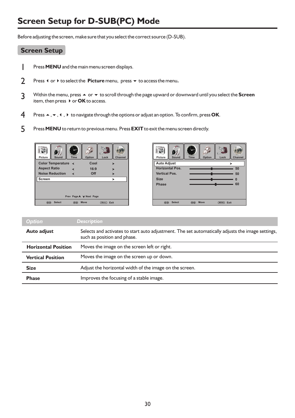 页面 32, Screen setup for d-sub(pc) mode, Screen setup | Sanyo LCD-47XR8DA User Manual | Page 32 / 37