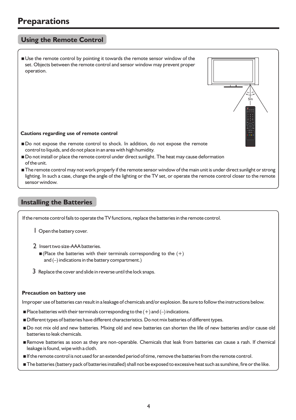 页面 6, Preparations, Using the remote control installing the batteries | Sanyo LCD-47XR8DA User Manual | Page 6 / 37
