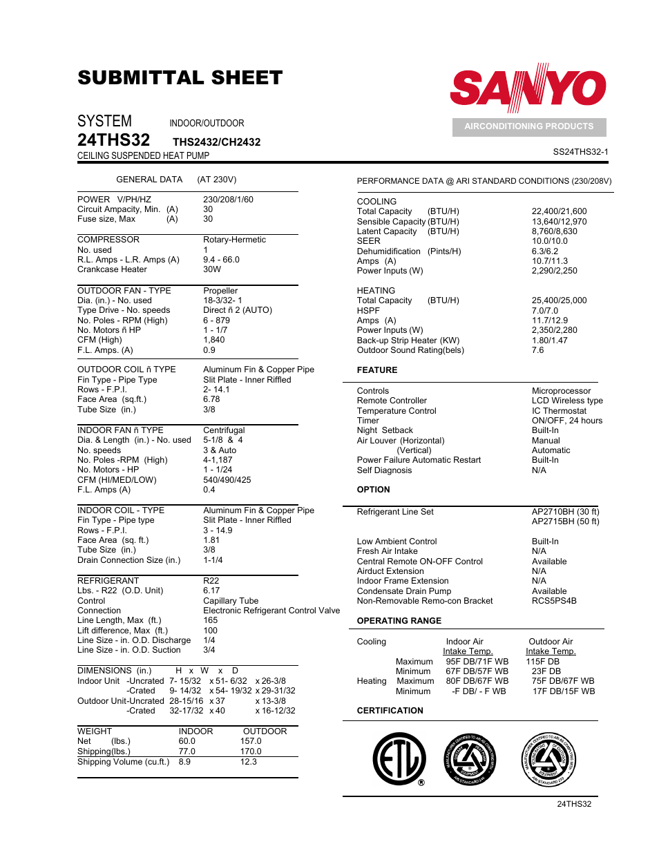 Sanyo 24THS32 User Manual | 2 pages