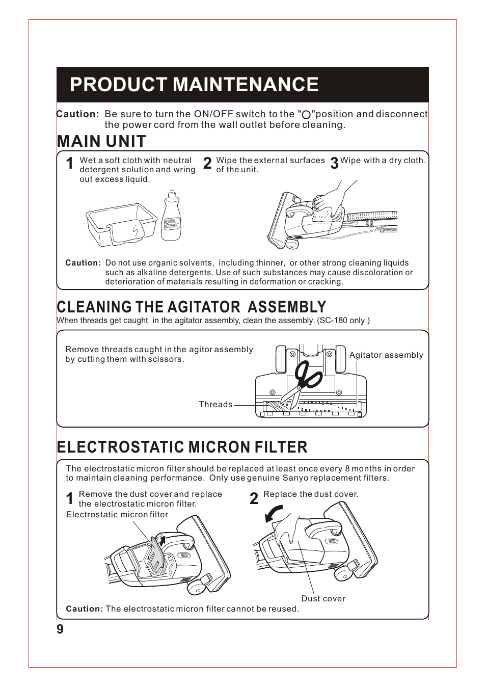 Т³гж 10, Product maintenance, Main unit cleaning the agitator assembly | Electrostatic micron filter | Sanyo SC-150 User Manual | Page 10 / 12