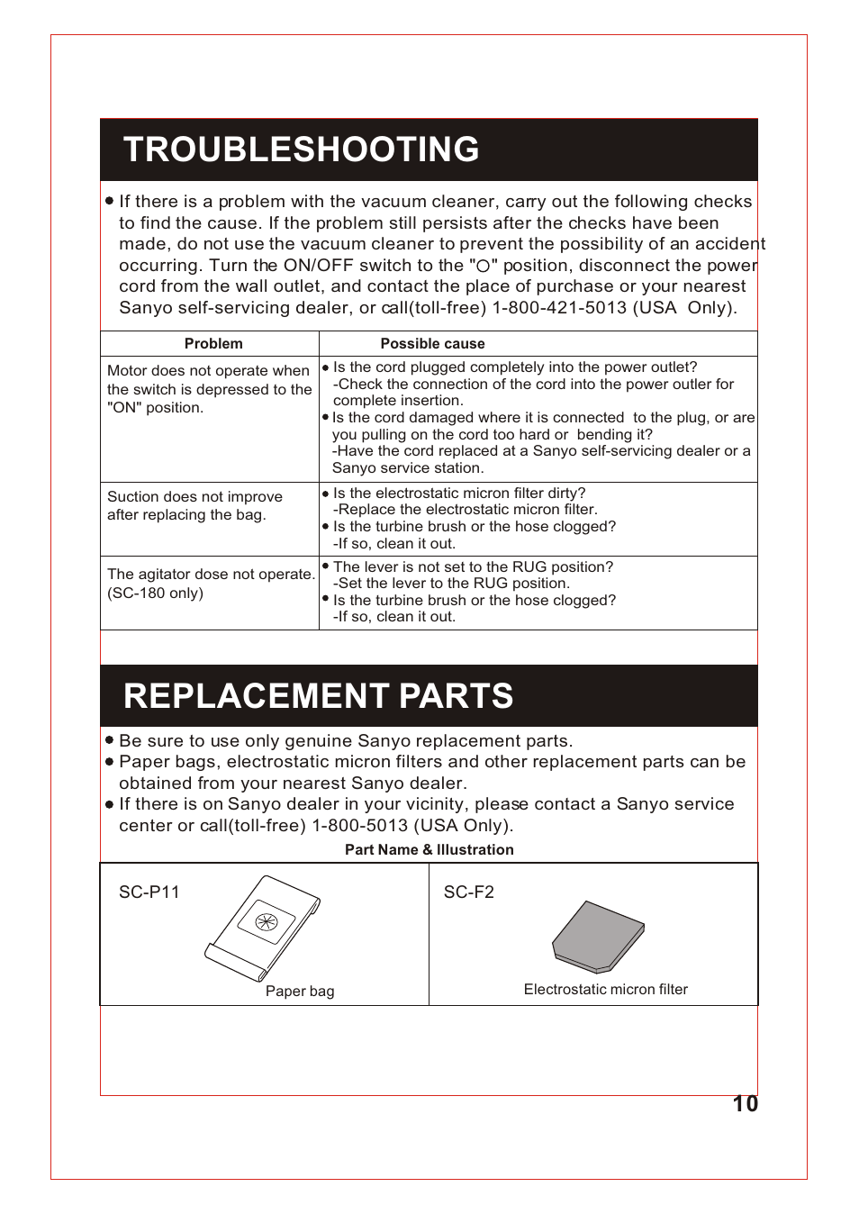 Т³гж 11, Troubleshooting, Replacement parts | Sanyo SC-150 User Manual | Page 11 / 12