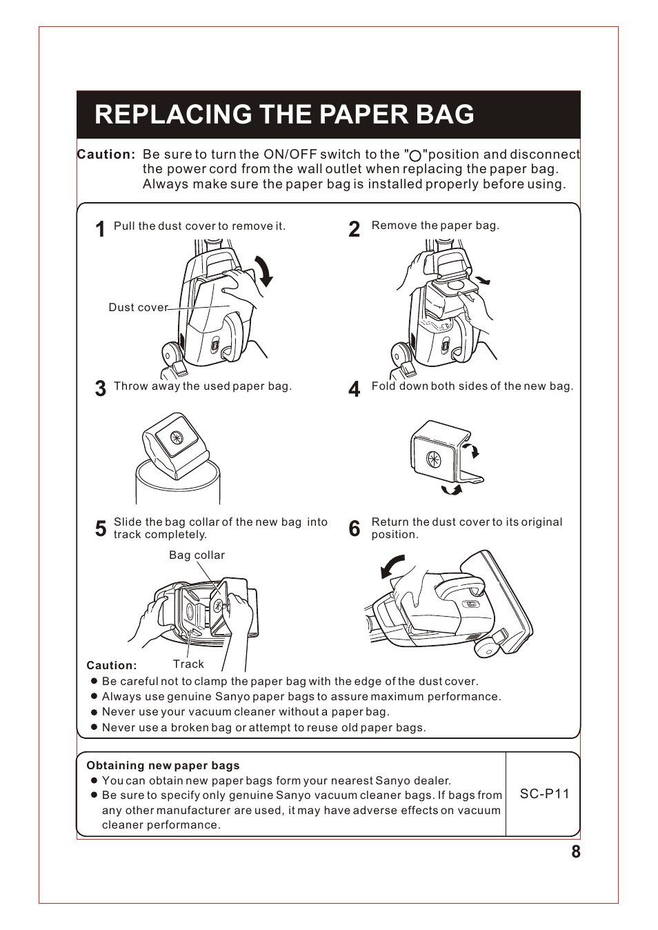 Т³гж 9, Replacing the paper bag | Sanyo SC-150 User Manual | Page 9 / 12