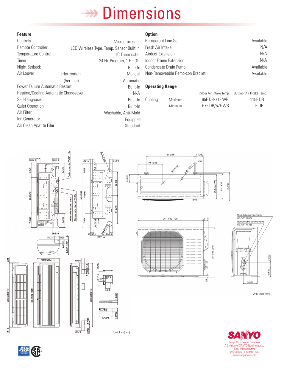 Dimensions | Sanyo 12KLS71 User Manual | Page 2 / 2