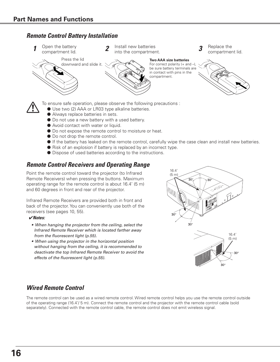Remote control battery installation, Remote control receivers and operating range, Wired remote control | Part names and functions | Sanyo PLC WTC500AL User Manual | Page 16 / 89