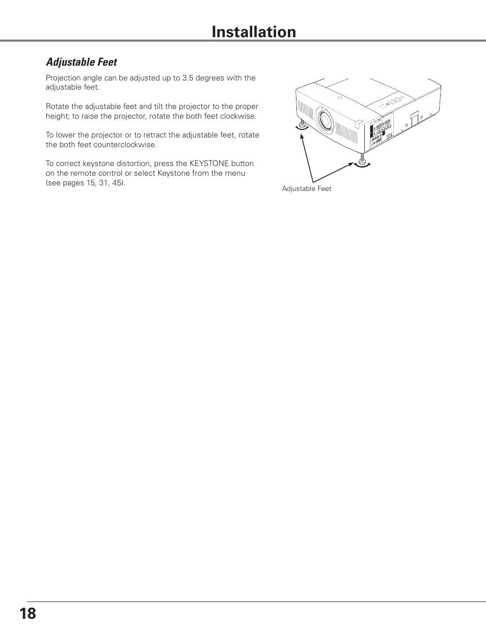 Installation, Adjustable feet, 18 installation | Sanyo PLC WTC500AL User Manual | Page 18 / 89