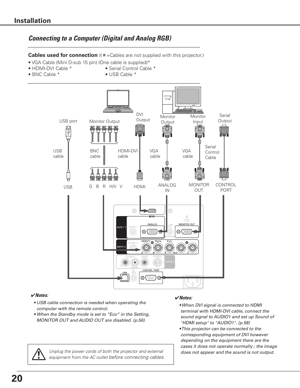 Connecting to a computer (digital and analog rgb), Installation | Sanyo PLC WTC500AL User Manual | Page 20 / 89