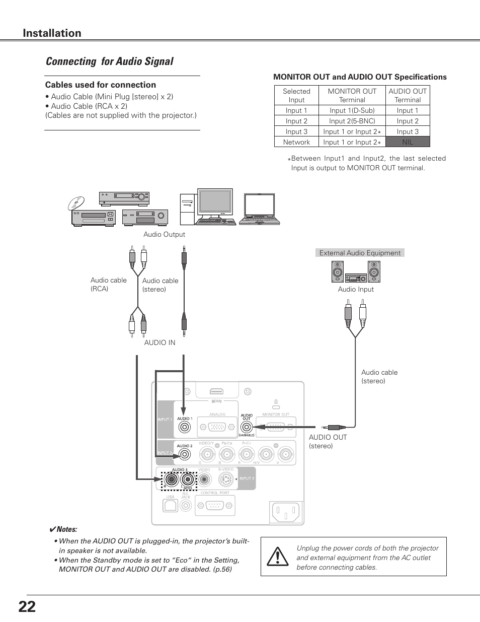 Connecting for audio signal, Installation | Sanyo PLC WTC500AL User Manual | Page 22 / 89