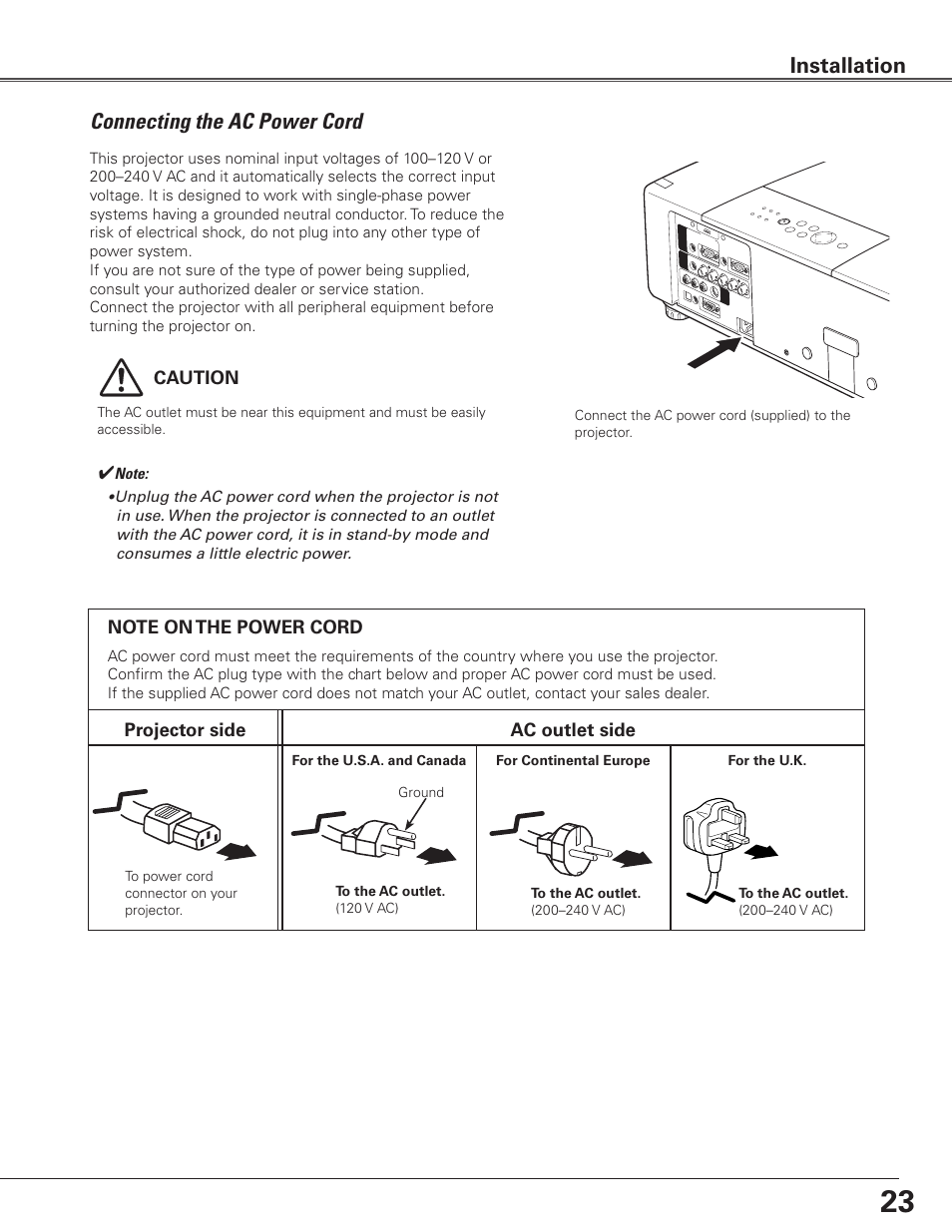 Connecting the ac power cord, Installation | Sanyo PLC WTC500AL User Manual | Page 23 / 89